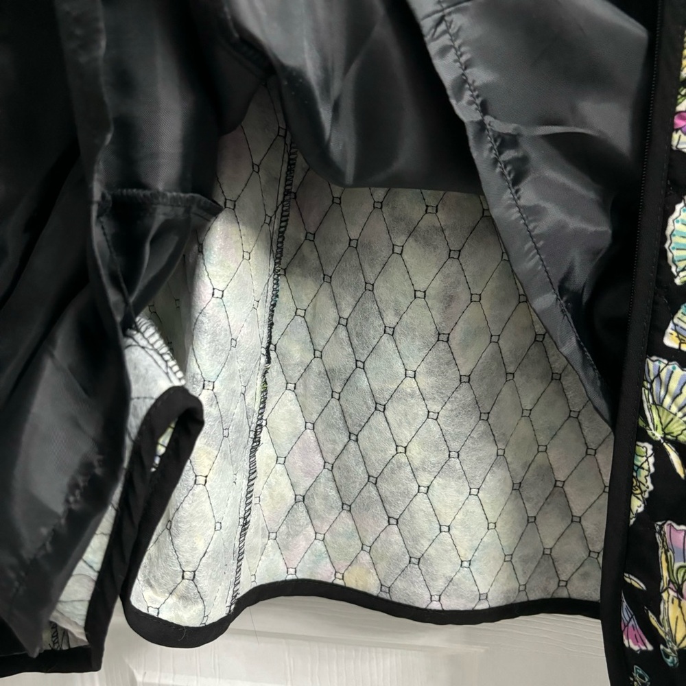 Quilted Zip Jacket Womens XL Black Fan Patterned Art to Wear Colorful Funky - Picture 6 of 9